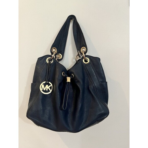 Michael Handbags - Michael Kors Large Travel Shoulder Tote Leather Bag, Navy Blue